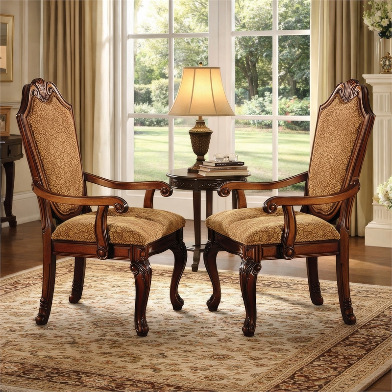 Pemberly Row Arm Chair Set of 2 with Diamond Pattern and Crown Top in Brown