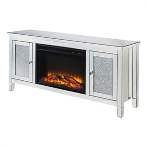 Pemberly Row TV Stand with Electric Fireplace and Faux Diamond Inlay in Silver