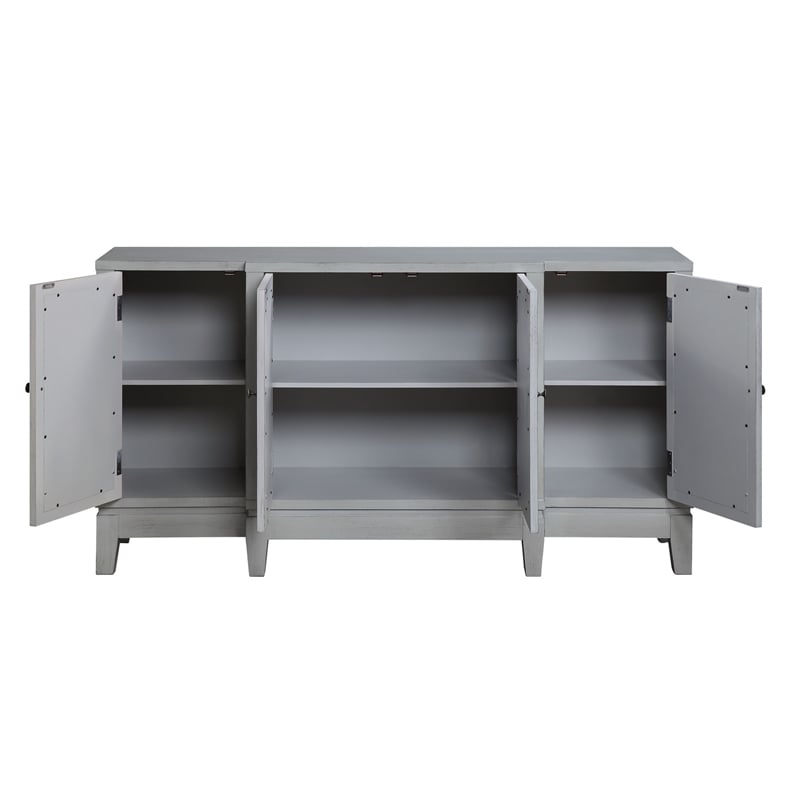 Pemberly Row Console Table w/ 4 Glass Doors & Geometric Pattern in Antique Gray