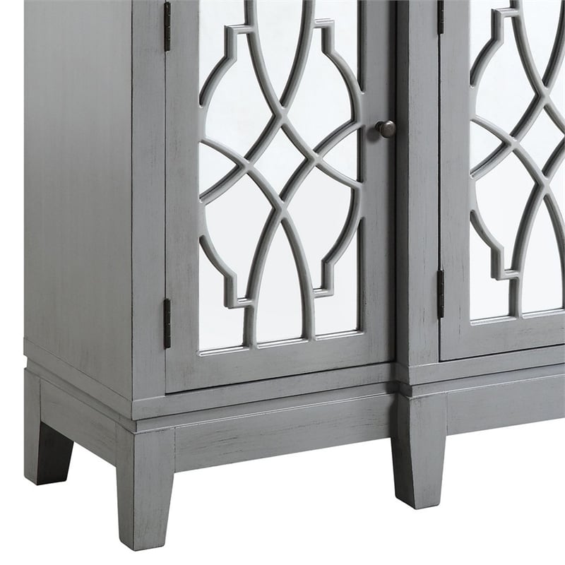 Pemberly Row Console Table w/ 4 Glass Doors & Geometric Pattern in Antique Gray