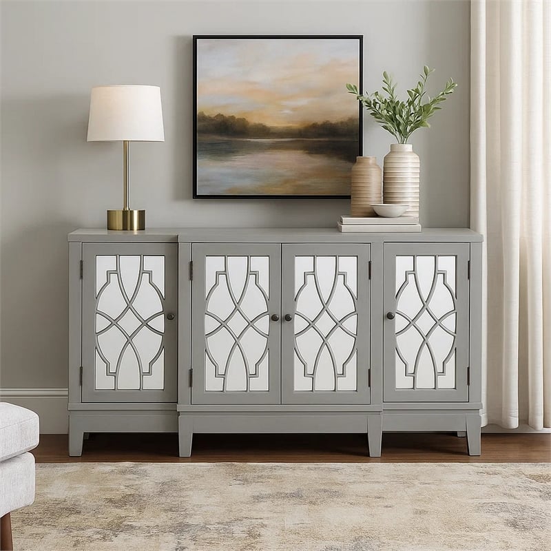 Pemberly Row Console Table w/ 4 Glass Doors & Geometric Pattern in Antique Gray