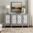 Pemberly Row Console Table w/ 4 Glass Doors & Geometric Pattern in Antique Gray