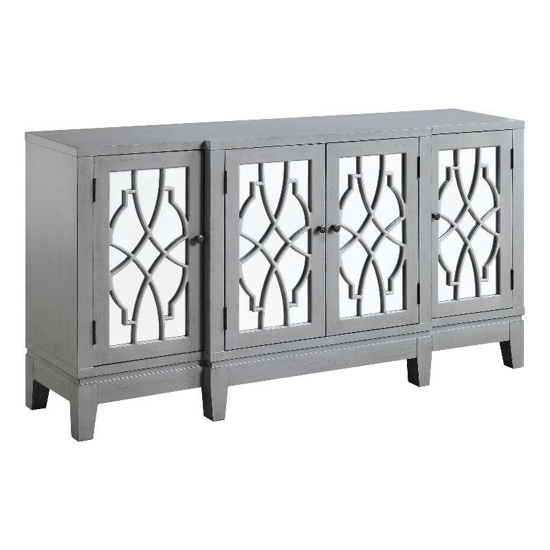 Pemberly Row Console Table w/ 4 Glass Doors & Geometric Pattern in Antique Gray