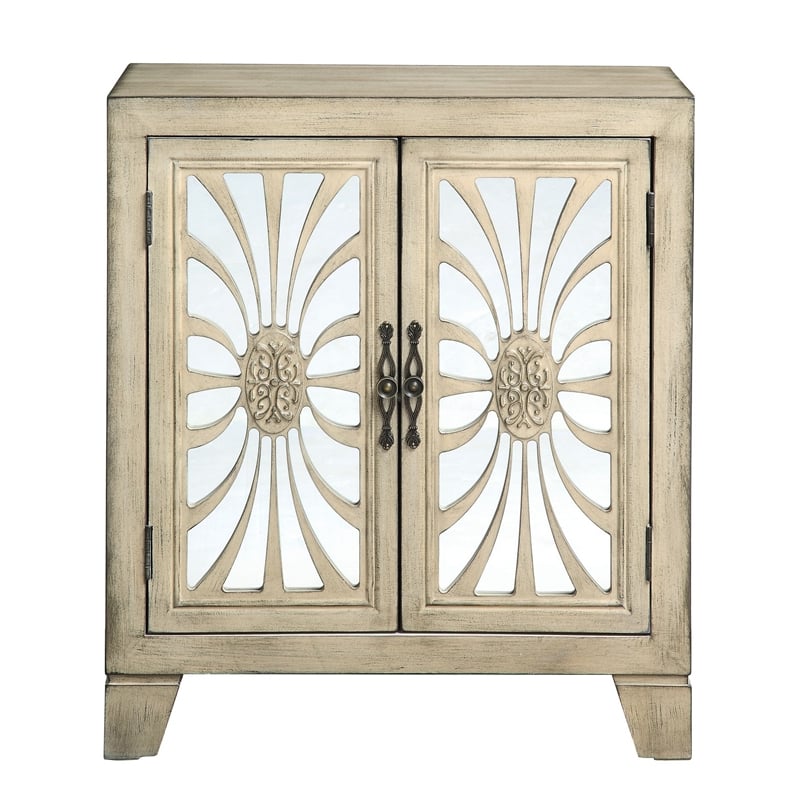 Pemberly Row Console Table with 2 Glass Doors & Carved Floral Motif in White