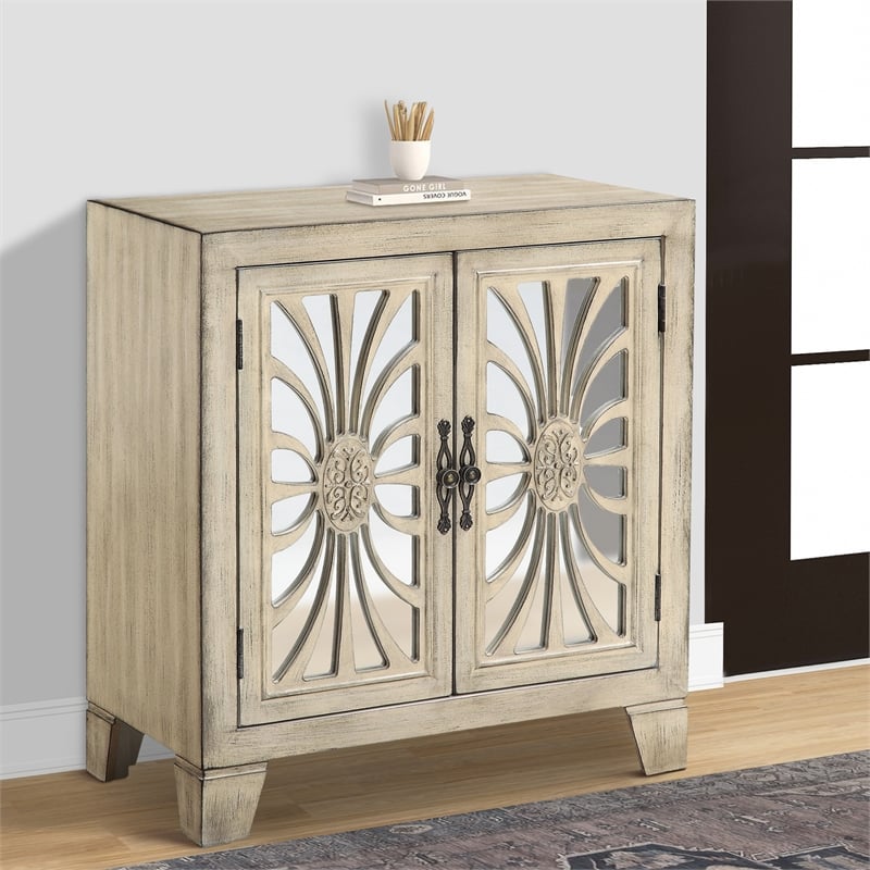 Pemberly Row Console Table with 2 Glass Doors & Carved Floral Motif in White