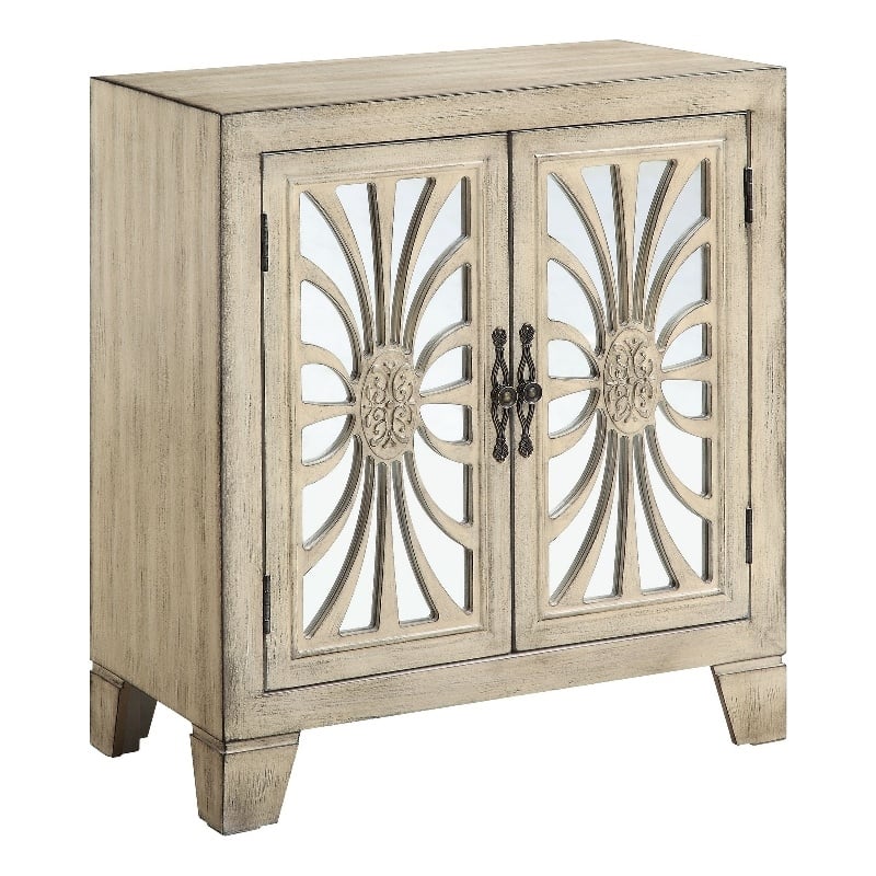 Pemberly Row Console Table with 2 Glass Doors & Carved Floral Motif in White