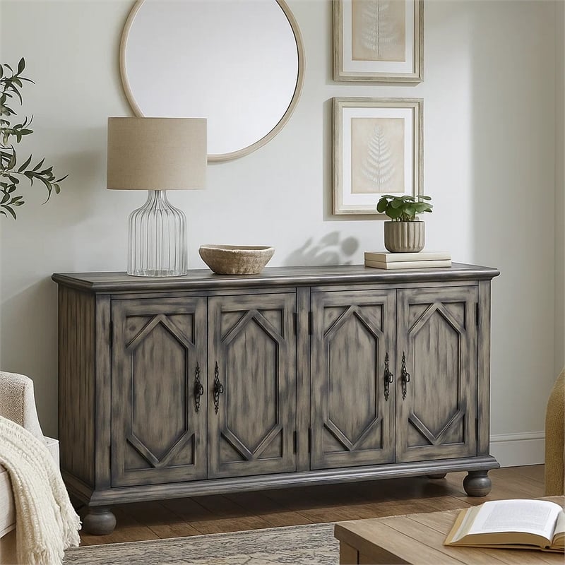 Pemberly Row Console Table with 4 Doors and Bracket Feet in Rustic Gray