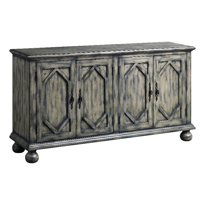 Pemberly Row Console Table with 4 Doors and Bracket Feet in Rustic Gray