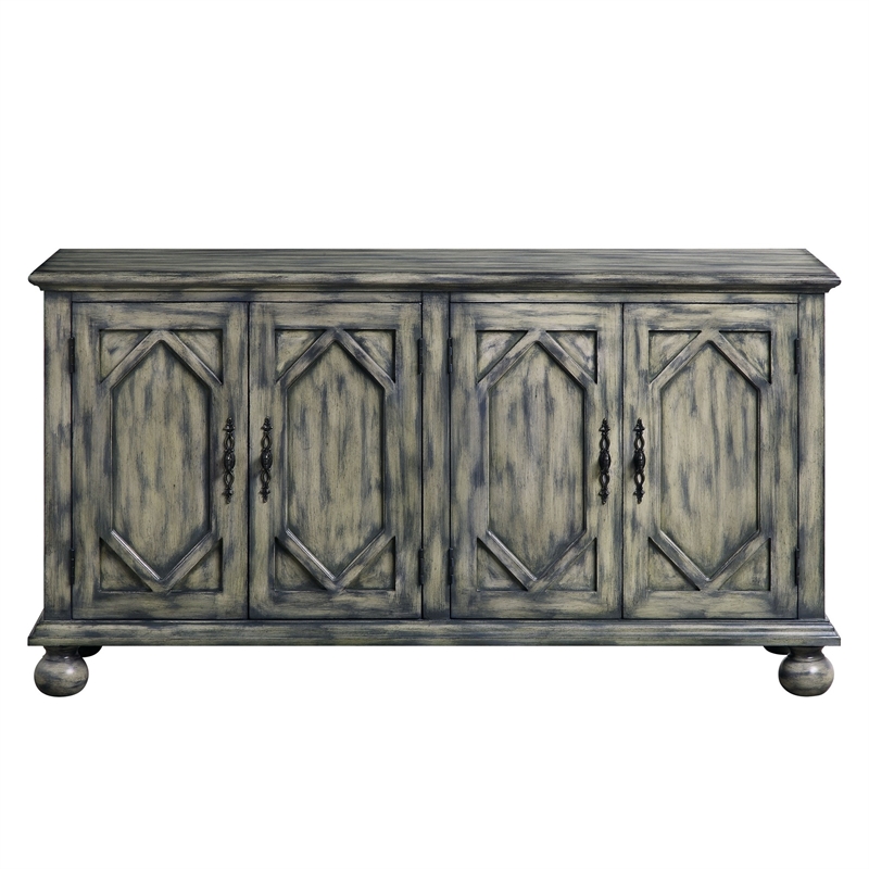 Pemberly Row Console Table with 4 Doors and Bracket Feet in Rustic Gray