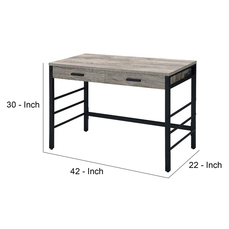 Pemberly Row Industrial Writing Desk with USB Ports & 2 Drawers in Weathered Oak