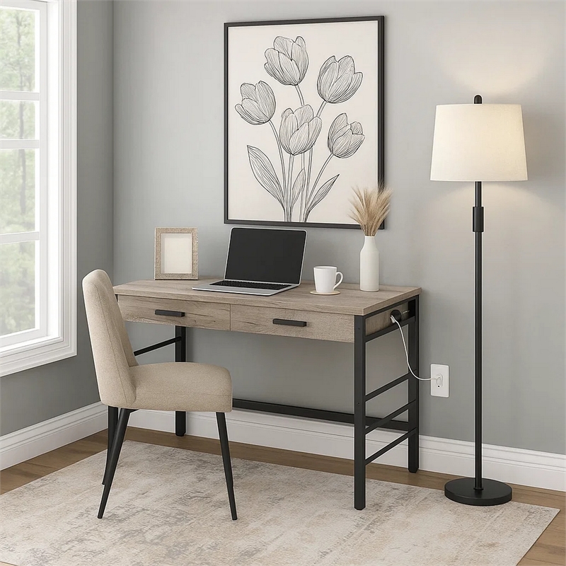 Pemberly Row Industrial Writing Desk with USB Ports & 2 Drawers in Weathered Oak