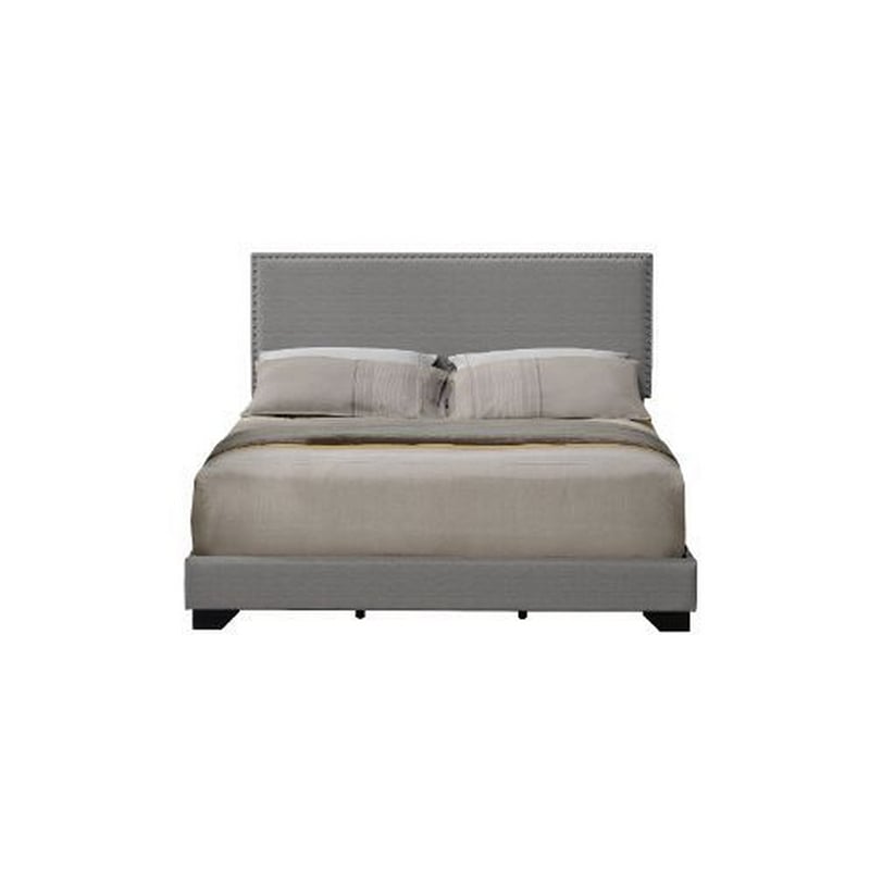 Pemberly Row Queen Bed with Fabric Upholstery and Nailhead Trim in Gray
