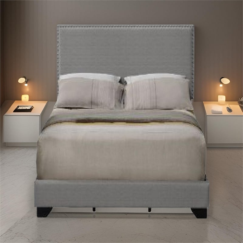 Pemberly Row Queen Bed with Fabric Upholstery and Nailhead Trim in Gray