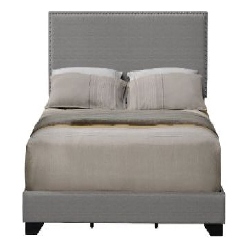 Pemberly Row Queen Bed with Fabric Upholstery and Nailhead Trim in Gray