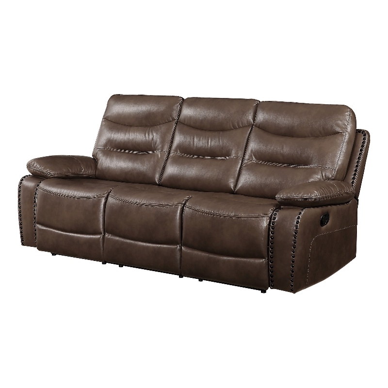 Pemberly Row Reclining Motion Sofa with Tufted Leather Gel Seat in Brown