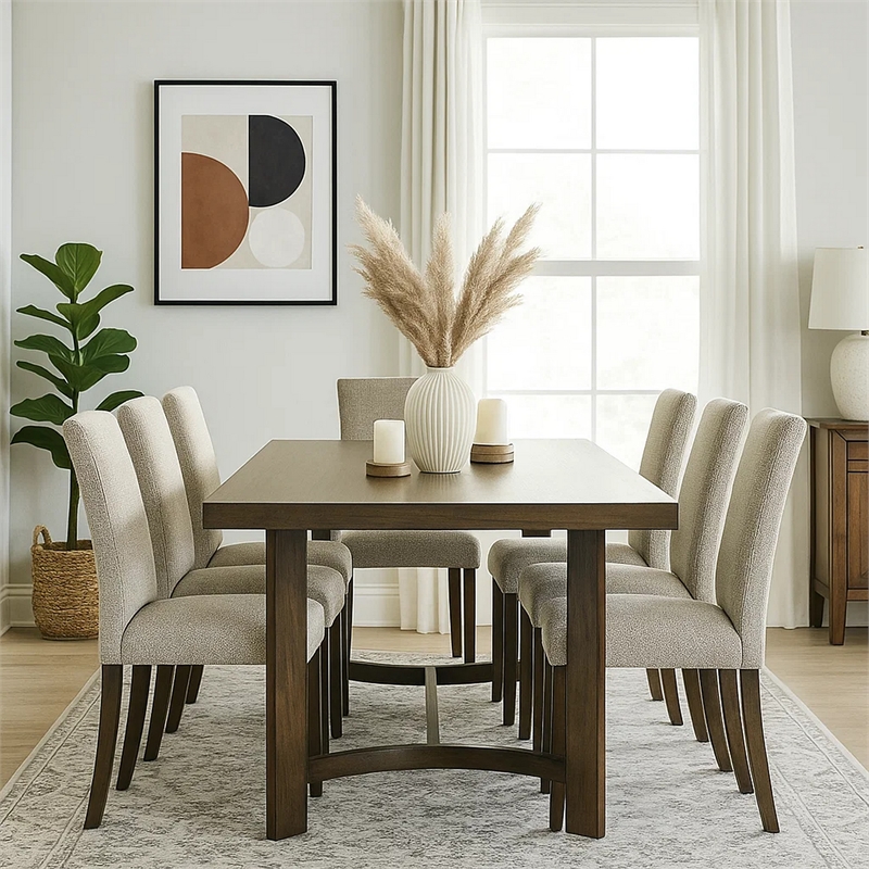 Pemberly Row Transitional Dining Table with Curved Trestle Base in Brown