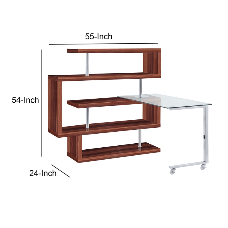 Pemberly Row Writing Desk w/ 4 Swivel Etagere Shelves & Glass Top - Walnut Brown