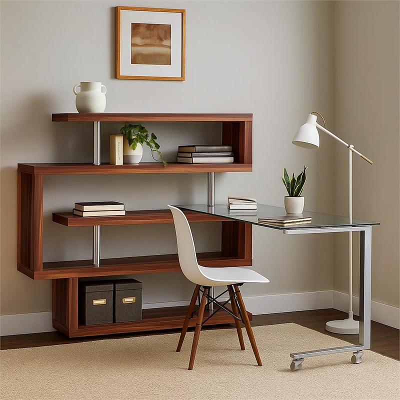 Pemberly Row Writing Desk w/ 4 Swivel Etagere Shelves & Glass Top - Walnut Brown