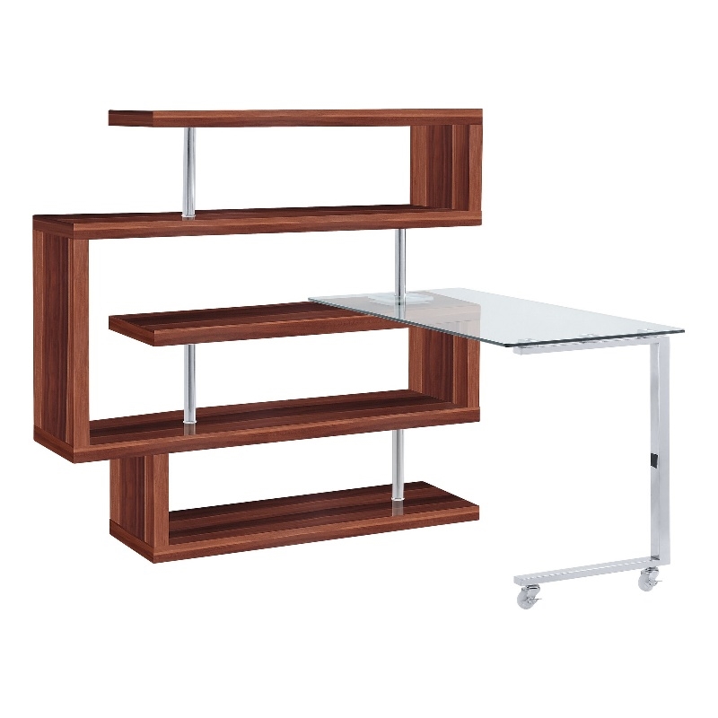 Pemberly Row Writing Desk w/ 4 Swivel Etagere Shelves & Glass Top - Walnut Brown