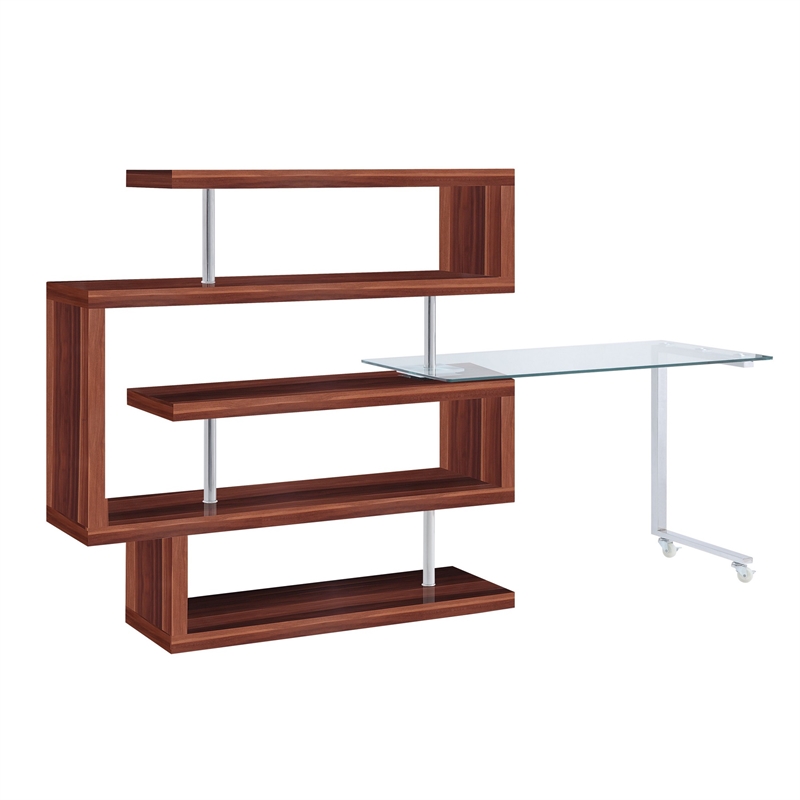 Pemberly Row Writing Desk w/ 4 Swivel Etagere Shelves & Glass Top - Walnut Brown