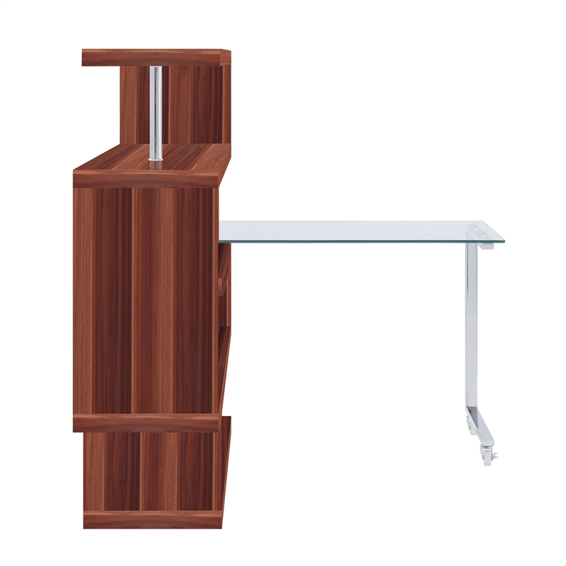 Pemberly Row Writing Desk w/ 4 Swivel Etagere Shelves & Glass Top - Walnut Brown