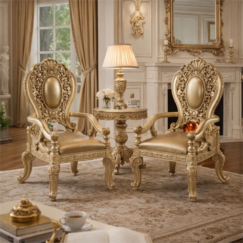 Pemberly Row Leatherette Armchair Set of 2 with Scrolled Crown Back in Gold