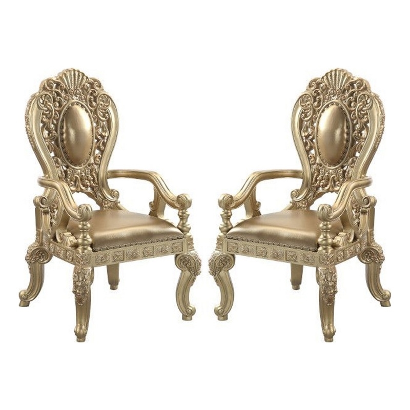 Pemberly Row Leatherette Armchair Set of 2 with Scrolled Crown Back in Gold
