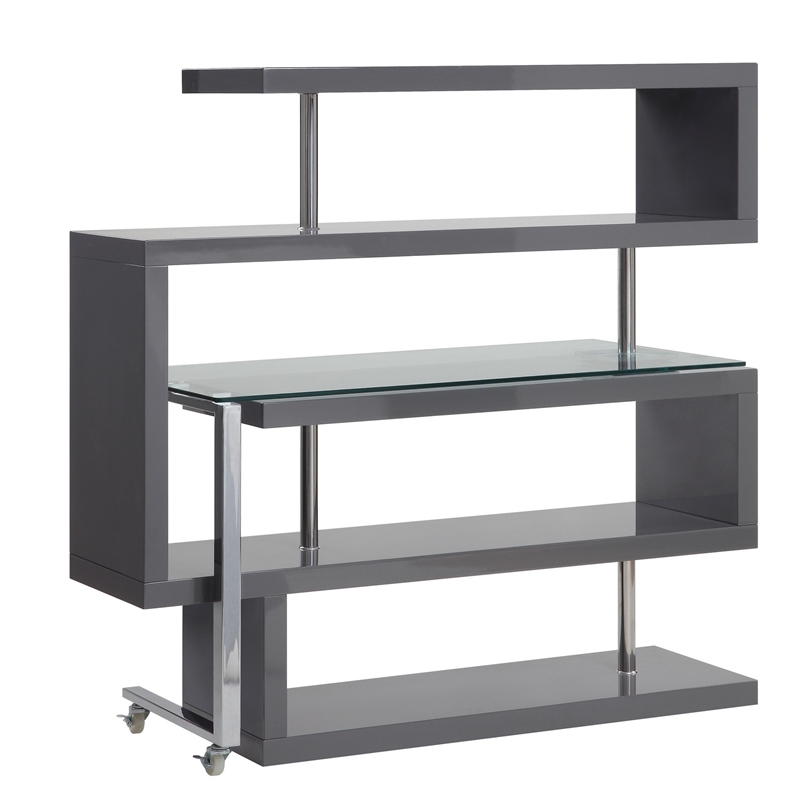 Pemberly Row Writing Desk with 4 Swivel Etagere Shelves and Glass Top in Gray