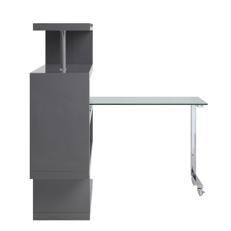Pemberly Row Writing Desk with 4 Swivel Etagere Shelves and Glass Top in Gray