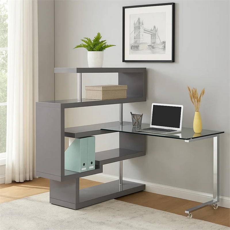 Pemberly Row Writing Desk with 4 Swivel Etagere Shelves and Glass Top in Gray