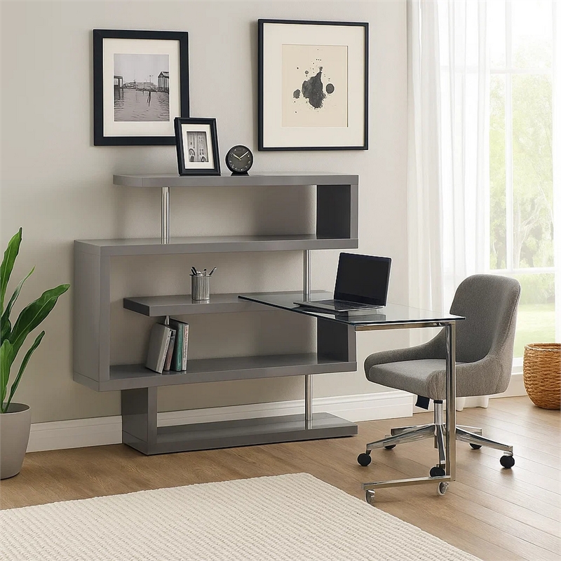 Pemberly Row Writing Desk with 4 Swivel Etagere Shelves and Glass Top in Gray
