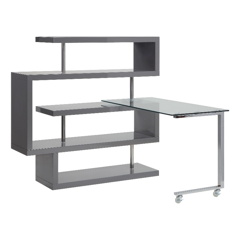 Pemberly Row Writing Desk with 4 Swivel Etagere Shelves and Glass Top in Gray