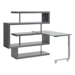 Pemberly Row Writing Desk with 4 Swivel Etagere Shelves and Glass Top in Gray