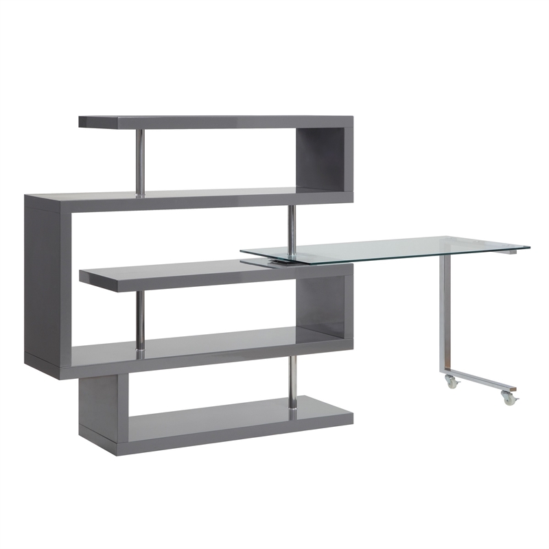 Pemberly Row Writing Desk with 4 Swivel Etagere Shelves and Glass Top in Gray