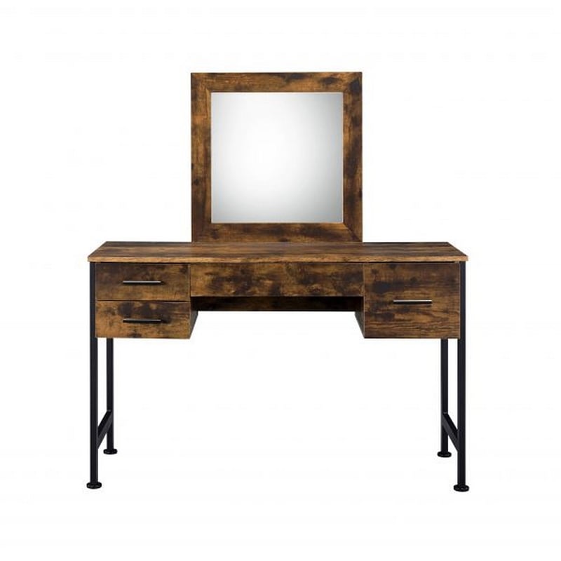 Pemberly Row Industrial Vanity Desk with 4 Drawers and Square Mirror in Brown