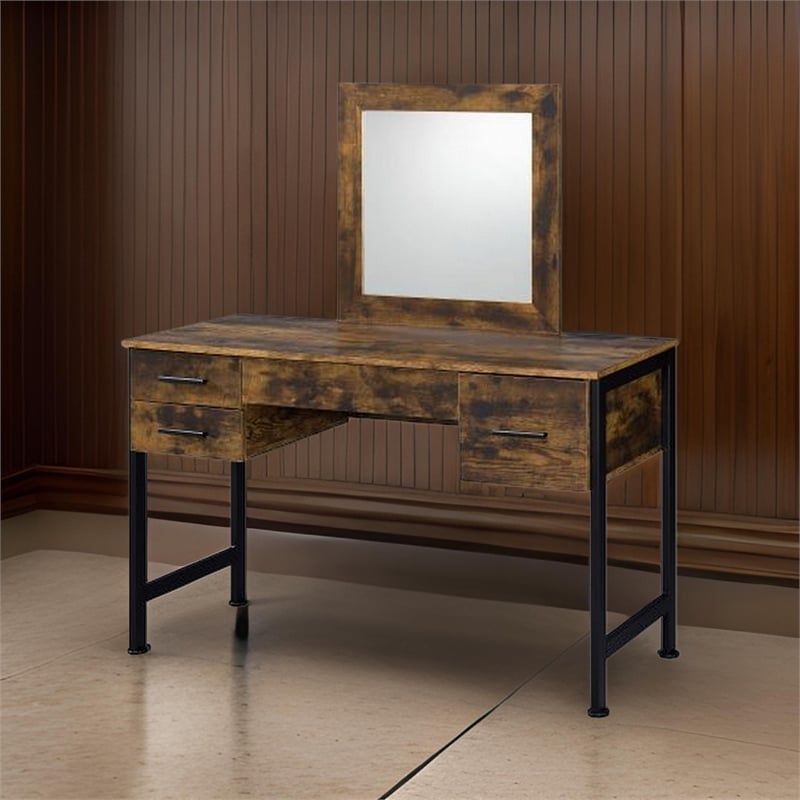 Pemberly Row Industrial Vanity Desk with 4 Drawers and Square Mirror in Brown