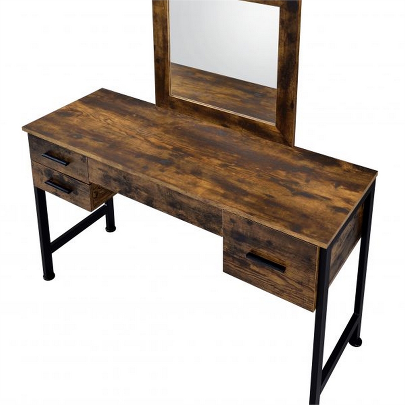 Pemberly Row Industrial Vanity Desk with 4 Drawers and Square Mirror in Brown