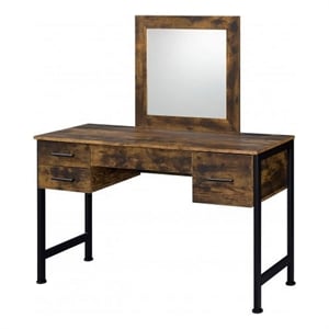 Pemberly Row Industrial Vanity Desk with 4 Drawers and Square Mirror in Brown