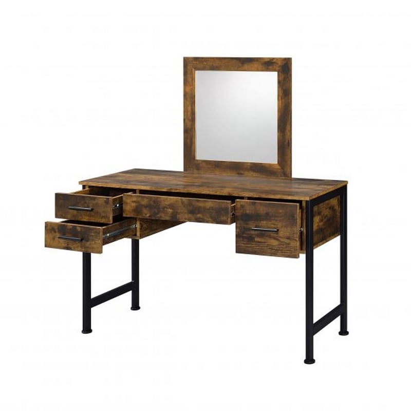 Pemberly Row Industrial Vanity Desk with 4 Drawers and Square Mirror in Brown