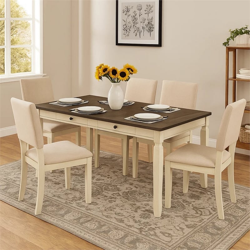 Pemberly Row Dining Table with 2 Drawers and Tapered Legs in Brown and White