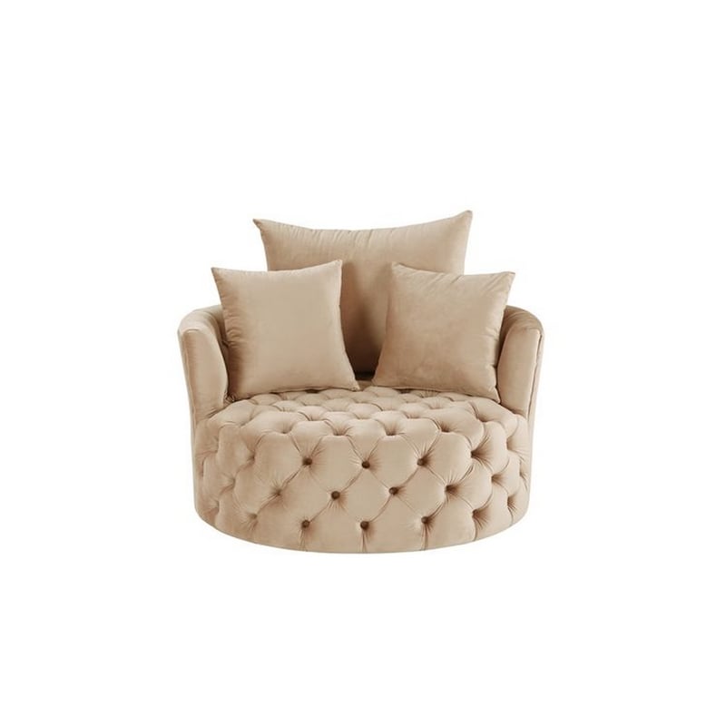 Pemberly Row Velvet Swivel Accent Chair with Curved Design and Tufting in Beige