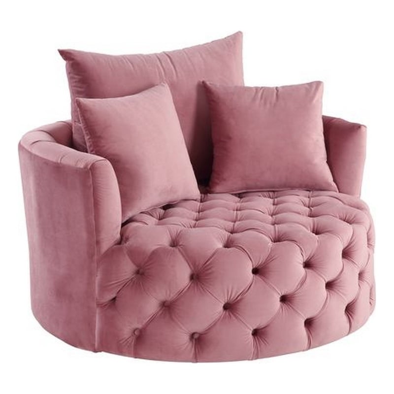Pemberly Row Velvet Swivel Accent Chair with Curved Design and Tufting in Pink