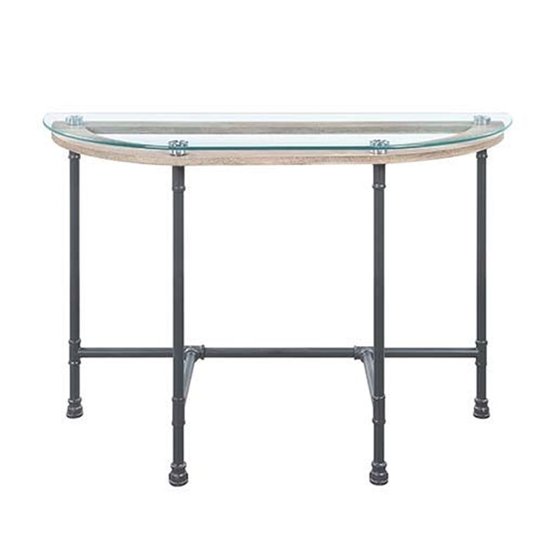 Pemberly Row Oval Tempered Glass Top Side Table with Metal Pipe Legs in Gray