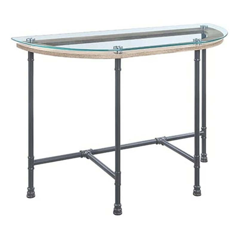 Pemberly Row Oval Tempered Glass Top Side Table with Metal Pipe Legs in Gray