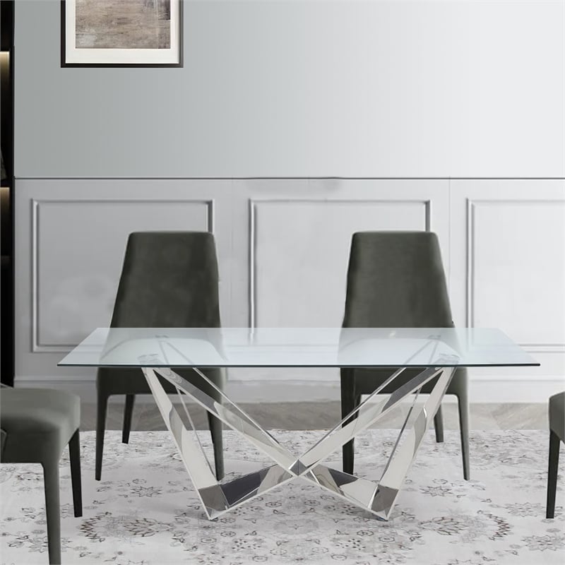 Pemberly Row Glass Top Dining Table with Geometric Metal Base in Silver