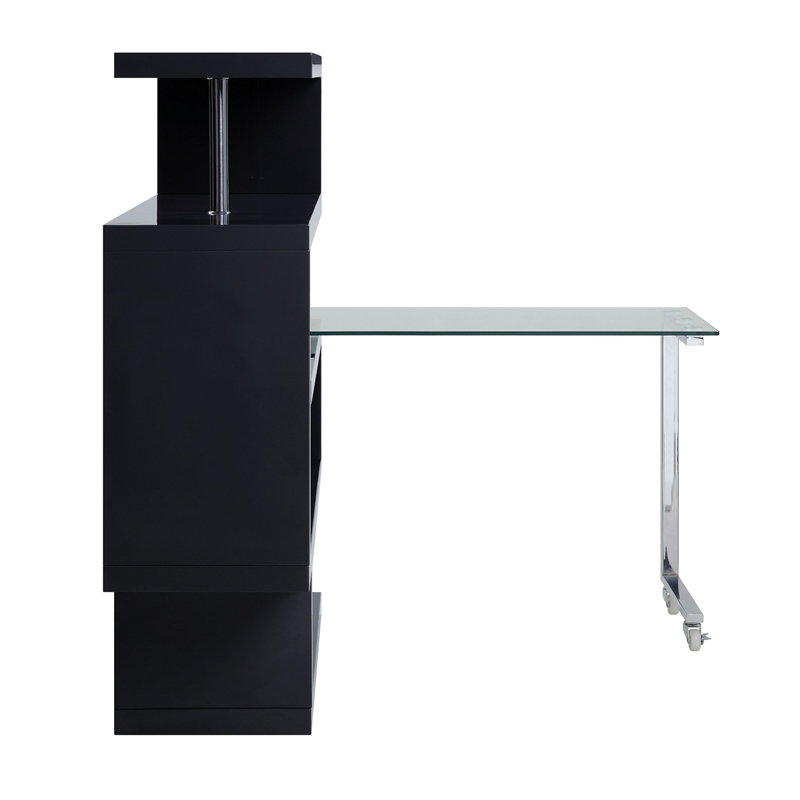 Pemberly Row Writing Desk with 4 Swivel Etagere Shelves and Glass Top in Brown