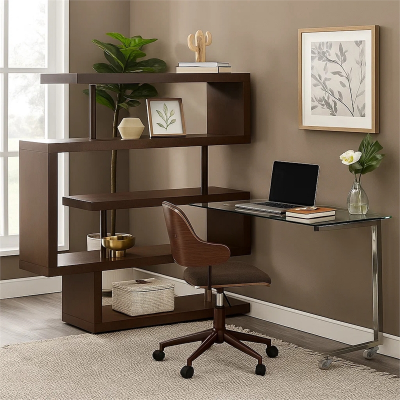 Pemberly Row Writing Desk with 4 Swivel Etagere Shelves and Glass Top in Brown