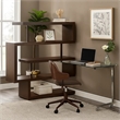 Pemberly Row Writing Desk with 4 Swivel Etagere Shelves and Glass Top in Brown