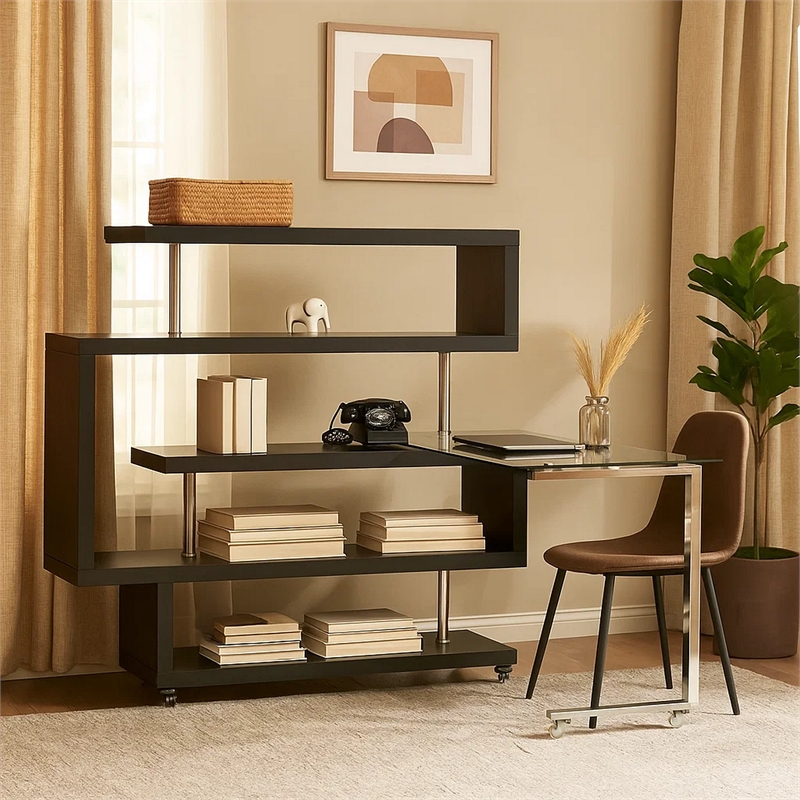 Pemberly Row Writing Desk with 4 Swivel Etagere Shelves and Glass Top in Brown
