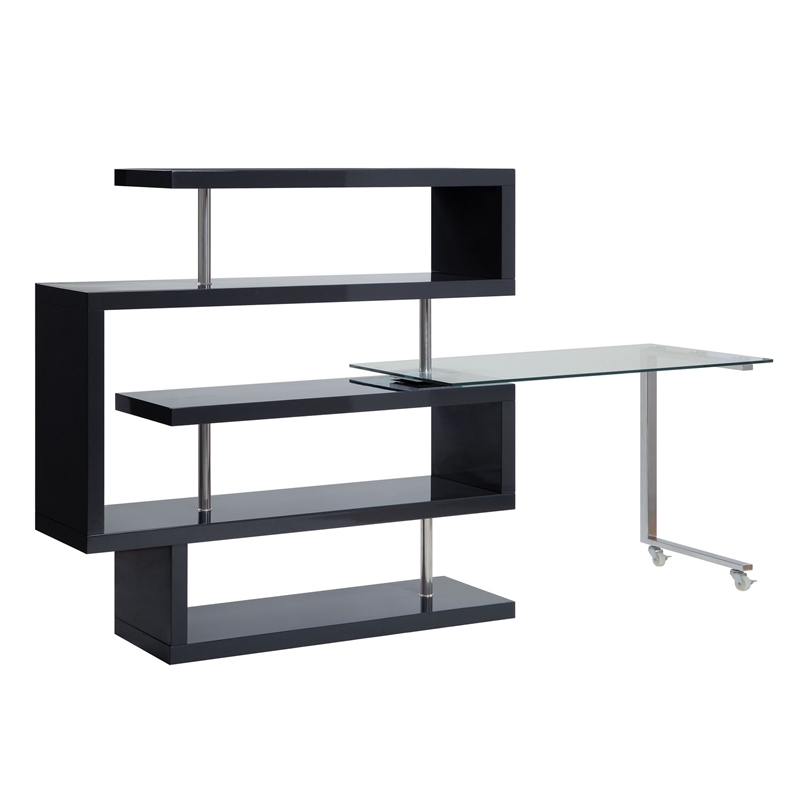 Pemberly Row Writing Desk with 4 Swivel Etagere Shelves and Glass Top in Brown